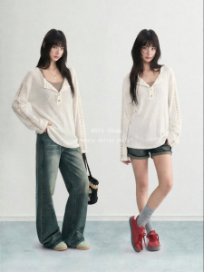 ARCG | V-Neck Lace Hollow Out Sun Protection Shirt Thin Loose Top