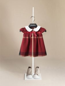 Bomiji ชุดเดรสเด็กผู้หญิงชุดฤดูร้อนแบบใหม่ชุดเดรสคอปกตุ๊กตาผูกโบว์ผ้าฝ้ายแท้สีแดงสำหรับเด็กทารกเด็กทารก