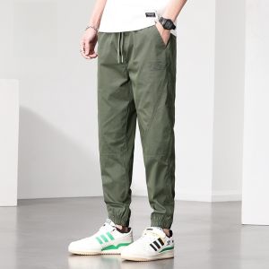 ROMON | Romon Mens Summer Thin Ice Silk Loose Cuffed Trendy Brand Elastic Waist Sports Casual Long Trousers Workwear Cotton Nylon Spandex Blend