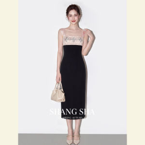 SHANGSHA | Summer Elegant Occasion Black Square Neck Beaded Light Dress