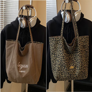 Ladies Casual Canvas Tote Bag Commuter Leopard Print Shoulder Bag Large Capacity Autumn Winter Fashion Handbag Hobo Bag