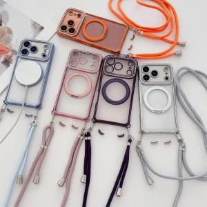 Dây Đeo Điện Thoại iPhone Pro Max Magsafe Bằng Dây Dù Mặt Dây Chuyền Kim Cương Giả Có Nam Châm Trong Suốt - Chống Xước Chống Sốc Chống Trượt