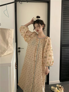 Cotton Linen Sleepwear Set for Women Spring Autumn Vintage Floral Lace Trim Long Sleeve Outerwear-Style Nightdress