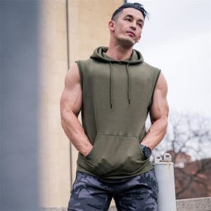 Mens Fitness Sleeveless Hooded Vest Gym Training Tank Top Loose Fit round Neck Basic Style Summer Casual Wear