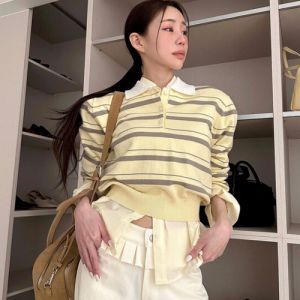 Áo Len Dệt Kim Cổ Polo Sọc Dọc Ngắn Màu Tương Phản Cho Nữ Phong Cách Cổ Điển Thời Trang Đa Năng Giảm Béo
