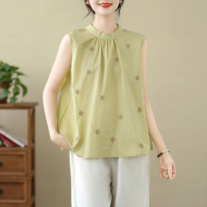 Elegant Embroidered Flax Sleeveless Vest Womens Summer Slimming Outerwear Cotton Linen Base Shirt Top Inner Match