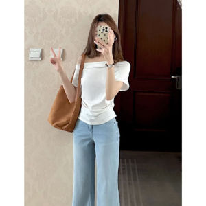 YUEZHONGWEI | French Style Irregular White Asymmetrical Shoulder Short Sleeve T-Shirt Womens Summer Slimming High-End Feelings Shoulder Baring Top