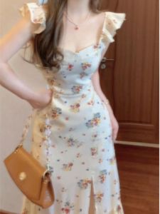 CHANGTONG | French Style Floral Print Mini Dress Womens Summer Design Sensation Tea Break Ageless Long Skirt Beach Vacation Wind Fly Sleeve