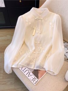 Áo Sơ Mi Voan Cổ Đứng Cỡ Lớn Phong Cách Trung Hoa Mới Cho Nữ Mùa Xuân Thu Thường Ngày Tay Dài Dáng Rộng