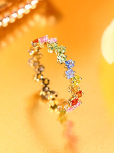 Gold-plated Rainbow Gem-encrusted Open Ring