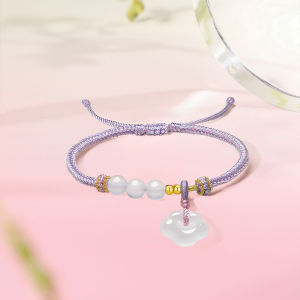 ZHOU LIU FU 周六福 24K Solid Gold Bracelet Natural White Chalcedony RuYi "如意" Charm Bracelets Cute Purple Braided Bracelet for Women Girl 16+6cm J1713540