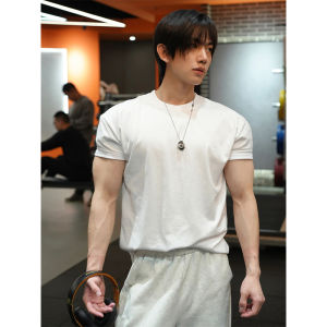 American Fitness Clothes Mens Muscle-Showing Pure White Tight Cuff T-shirt Small Neckline 2024 Summer Short Sleeve Men