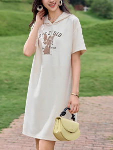 WANGGONGZHU | Princess Style Summer T-Shirt Dress Womens Short Sleeve Printed Thin Fashionable High Waist H-Shape Cotton Blend Casual Dress