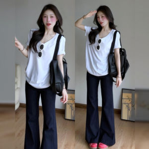 Kming | Áo thun nữ tay ngắn màu trắng cổ chữ V mùa hè thiết kế mới dáng rộng thoải mái cotton 90% polyester 10%