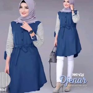 Risa Fashion - DJENAR TUNIK Bahan CREPE MIX KATUN SALUR Atasan Wanita Dewasa Terbaru 2024 Model Mewah Elegan Baju Polos  Lengan Panjang Serut Kancing Aktif Busui Friendly Tali Pinggang  Simpel Busana Muslim Hijab Style Korean Modern Remaja Trendy