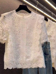 YUFUQING | French Style White Lace Trim Hook Hollow Out Womens Shirt Summer New Design High Quality Loose Fit High Waist Daily Wear Polyester Fiber Short Sleeve Round Neck