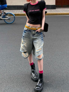 Y2k Millennium อินเทรนด์ เดนิม กางเกงขาสั้น สตรีทสไตล์ สูง เอว รูแตกห้านาทีขาตรง กางเกง พรางหุ่น ขากว้าง กางเกง