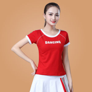 New Square Dance Fitness Sports Clothes Womens Summer Short Sleeve Top And Bottoms Set Pure Cotton Solid Color Dancewear