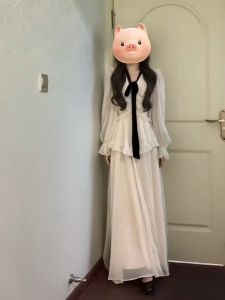 French Vintage Court Style ผู้หญิง แขนยาว คอวี ผ้าทูลล์ เฮ็ม เดรส Princess ชุดราตรี สูง เอว ทรงเอ ฤดูใบไม้ร่วง Elegance