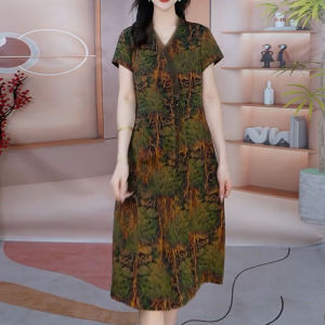 MAIMEI | New Summer 2025 Large Size Maternity Qipao Dress Knee-Length Meat-Covering Elegant Midi Skirt New Chinese Style Polyester Fiber