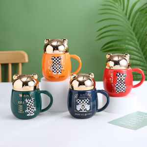GY 400ml Bear Ears Ceramic Mug With Screw Lid Cartoon Tracing Gold Large Capacity Drinking Water Breakfast