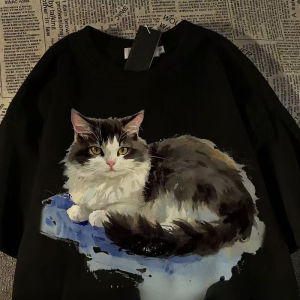 PAZHAOLANG | Oversize 300 Pounds Vintage Ink Cat Print T-Shirt