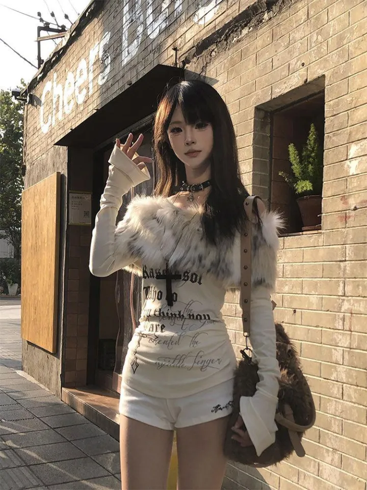 Y2K Trendy Long Sleeve T-Shirt Shoulder Baring Faux Fur Collar