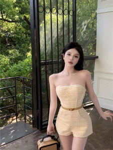 Summer Casual Strapless Onesie for Women High Waist Short Pants Korean Style Commute Pocket Element Rich Girl Outfit Hot Pants
