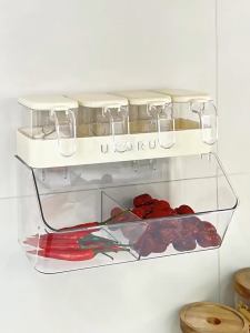 🔥 Household Spice Box Rack Food Grade Wall Mounted Punch Free Spice Jar Kitchen Spice Storage Ginger and Garlic Storage Plastic Box