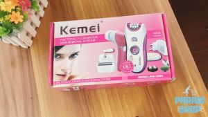 Kemei เครื่องถอนขน 6 in 1 โกนขน นวดหน้า ขัดหน้า ชุดใหญ่ KM-3066 เปลี่ยนได้ 3 หัว มอเตอร์ Pd อัลลอยด์ ใช้งานต่อเนื่อง 40 นาที ถอดล้างหัวได้ แถมฟรี!! ฟองน้ำทำความสะอาด - สีชมพู