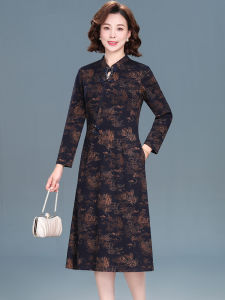Elegant Midlife Mom Autumn Winter Long Sleeve Dress Fashionable New Chinese Style Skirt for Middle-Aged And Elderly Women Qipao