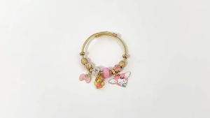 Sanrio | Gold Plated Hello Kitty Open Bangle Zinc Alloy with Angel & Bow Charms Pink & Crystal Beads Adjustable Bracelet