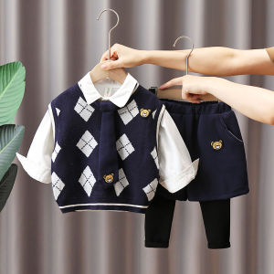 Boys Spring Autumn Fashionable Three-piece Set Sweater Vest Cool Baby Clothes Casual Sportswear Long Sleeve Shirt Long Pants