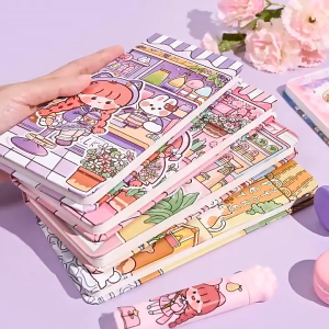 NOTEBOOK LUCU KARTUN HARDCOVER – BUKU DIARY MINI JOURNAL 80 Lbr + Free Stiker UKURAN 19 x 9cm  | MINI DIARY JOURNAL KARTUN |BUKU NOTEBOOK LUCU |TTD