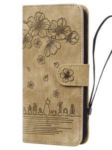 Sakura Cat Embossed Flip Cover Phone Case for 11/12/13/14 Promax PlusX/XR/7/8/16 Series Cute Protective Shell Anti-Fall