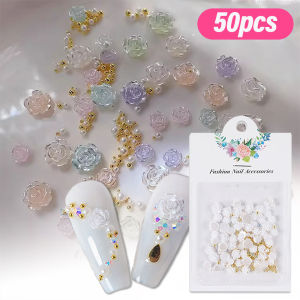 Dorisna 50Pcs Mixed Rose Pearl Nail Decorations 3D Flowers Art Decorations Rhinestone Camellia Flower DIY Nail Jewelry Luxury Accessories