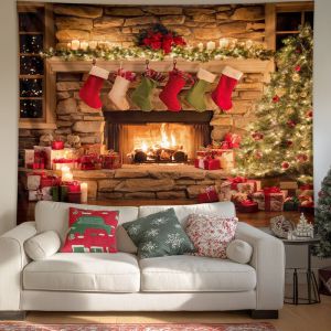 Tấm Thảm Treo Tường Giáng Sinh VIKAMA Stone Wall Furnace Chất Liệu Polyester Phong Cách Rustic Trang Trí Phòng Khách Trang Trí Ngày Lễ In Không Dệt.