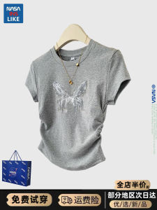 NASA Short Sleeve T-Shirt Womens Shoulder American Silm Slim Looking Summer Sweet and Spicy Stylish Fitted Waist Pleated Short Tops