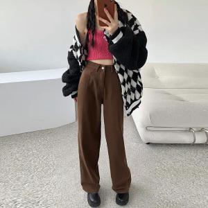 Retro brown wide-leg pants Korean version high waist loose straight jeans casual mopping pants
