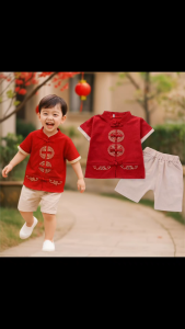 Setelan Anak Laki Imlek Atasan Cheongsam Qipao Lengan Pendek Celana Pendek Bordir Chinese Style