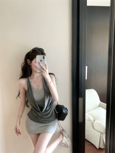 GUZILIAN | Spicy Girl Neck Hanging Color Block Waist Cinching Short Dress Womens Summer Design Slim Fit Bodycon Skirt Tight Short Skirt