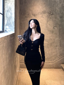French Knitted Dress Slimming Elegant Evening Gown Birthday Ball Ladys Choice S-Shaped Long Sleeve Wrap Body Contour Dress
