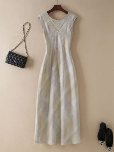 French Style V-Neck Sleeveless Long Linen Dress Golden Embellished Slimming High Waist A-Line Vest Dress Summer Elegant