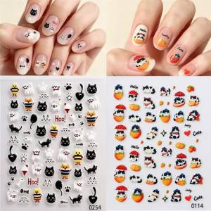 2Pcs Black White Cartoon Cat Nail Stickers Kitten Paws-Print Fishbone Star Strawberry Nails Decals Self-Adhesive Manicure Decor