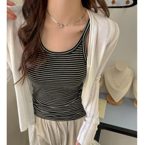 MiiOW | Womens Classic Striped Round Neck Sleeveless Vest Top Versatile Thin Design Sense Thread Inner Wear Spring Summer MiiOW Cat Person
