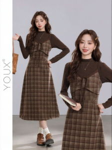 YOUXIANG | Đầm Dây Màu Nâu Café Phong Cách Retro