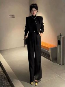 Elegant Korean Style Womens Fashion Set High Waist Wide Leg Pants Slimming Short Coat Spring Autumn New Arrival Two Piece Set