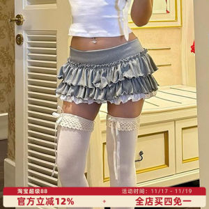 Sweetown Grey Series Spicy Sweet Girl Pleated Short Skirt High Waist A-Line Half Skirt Lace Trim Slimming School Style