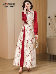 ชุดแต่งงานสีแดงสไตล์จีนใหม่ ชุดยาวหรูหราสำหรับเจ้าสาว ชุดราตรีผู้หญิง ฤดูใบไม้ผลิและฤดูใบไม้ร่วง แขนยาว กระโปรงทรงเอ