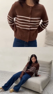 Kiyorawears - Carmen Knit Stripes Cardigan / Premium Knit Top / Sweater Wanita / Salur Rajut / Atasan Wanita Kekinian / Baju Atasan Wanita Terbaru / Jaket Wanita / Atasan Rajut Lengan Panjang / Outer Korean Style